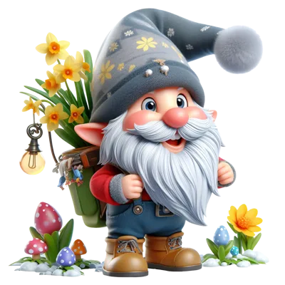 3D Rendered Garden Gnome With Spring Flowers And Eggs
