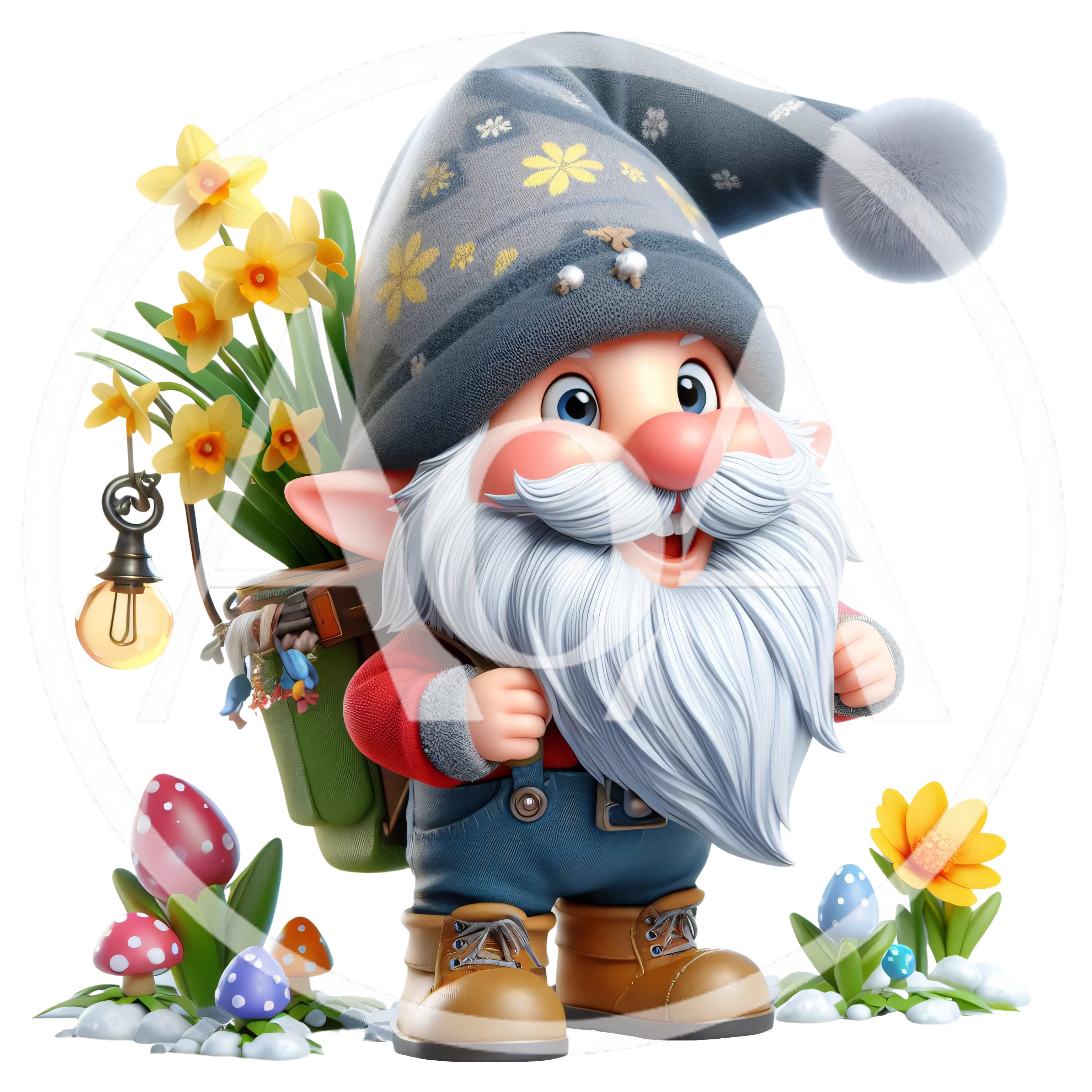 3D Rendered Garden Gnome With Spring Flowers And Eggs