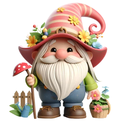 Cute Garden Gnome Holding Mushroom Staff And Flower Basket