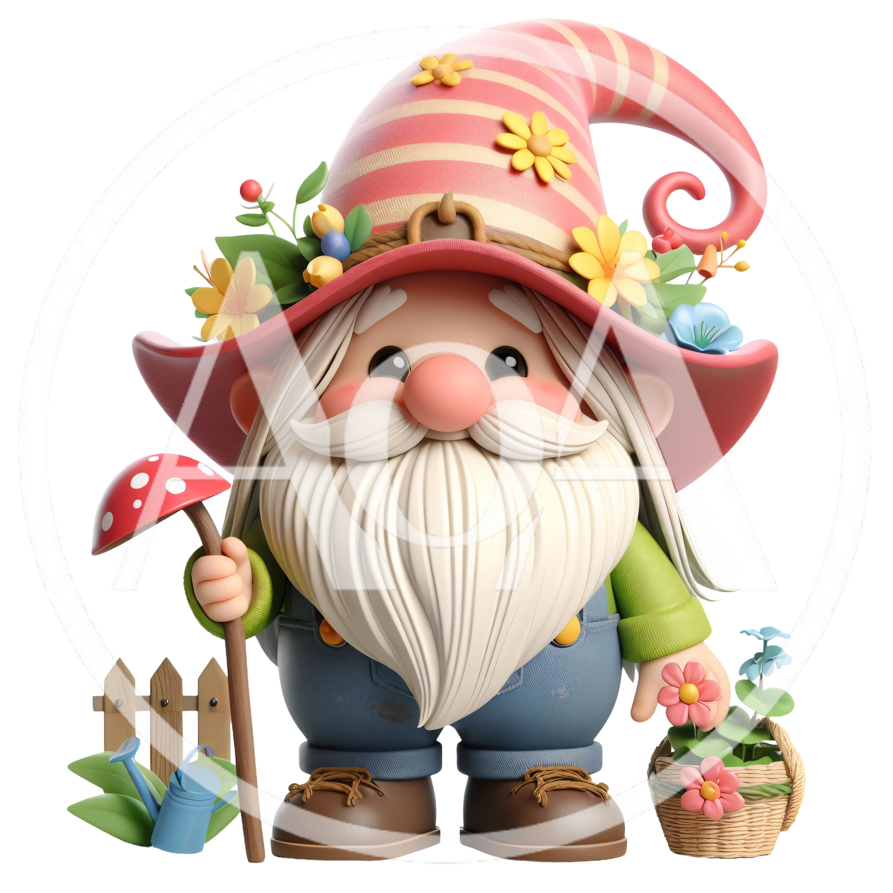 Cute Garden Gnome Holding Mushroom Staff And Flower Basket