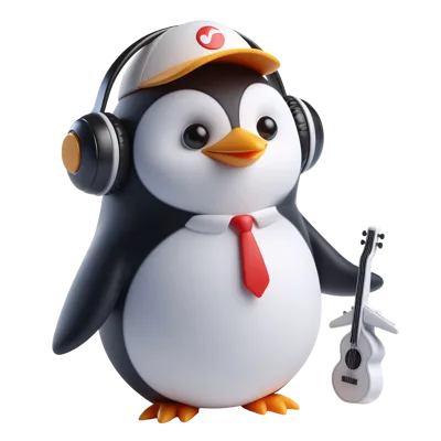 3D Cartoon Penguin Wearing Headphones And Holding A Guitar