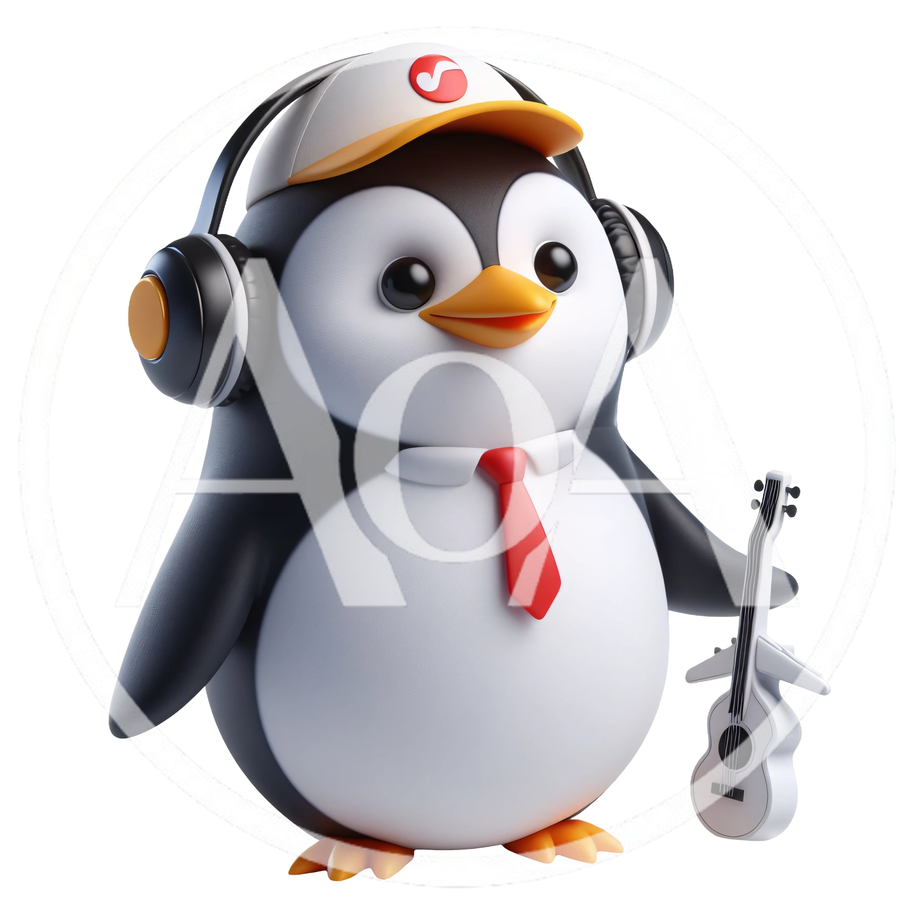3D Cartoon Penguin Wearing Headphones And Holding A Guitar