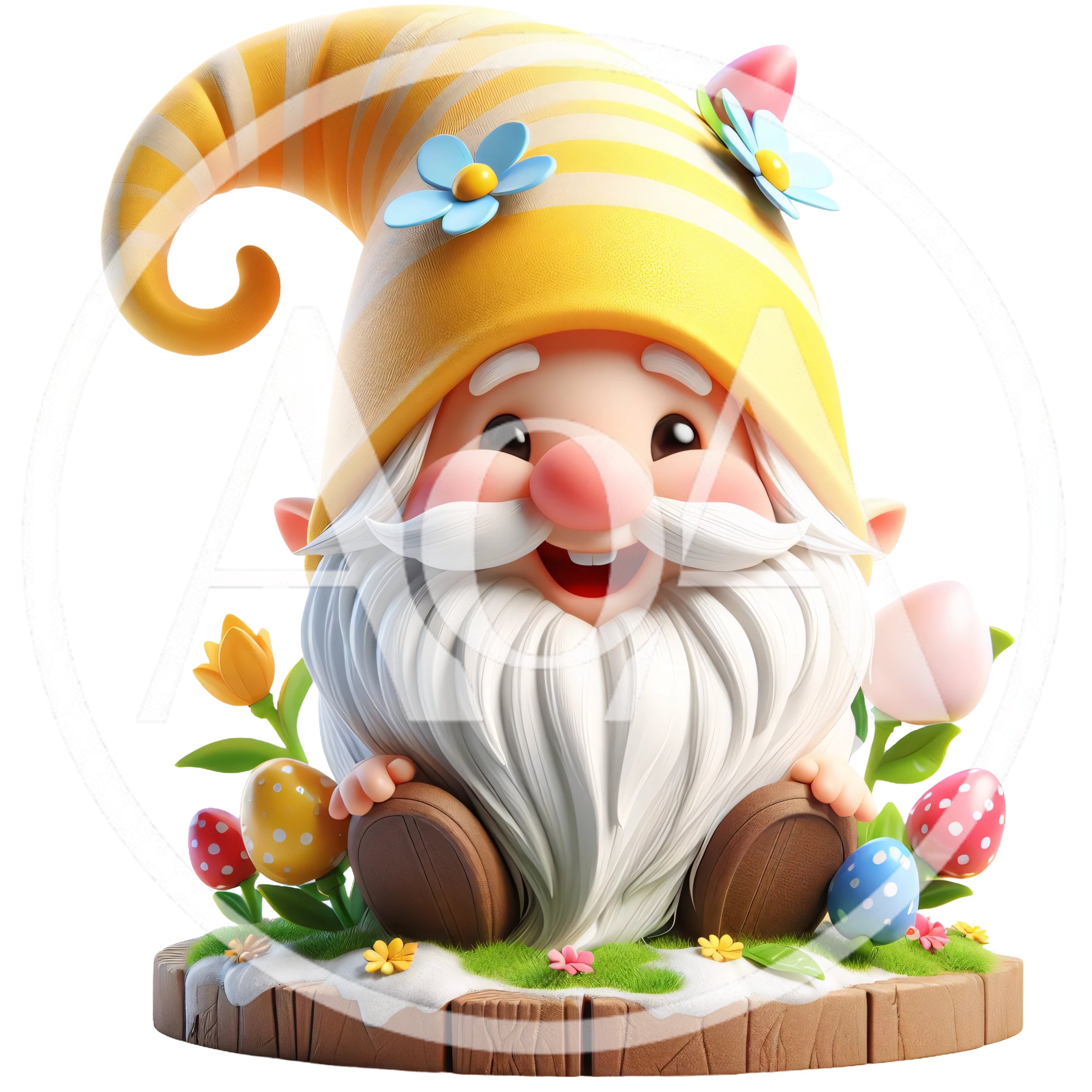 Cute Easter Gnome Sitting On A Wooden Base