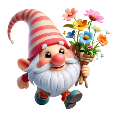 Cute Cartoon Gnome Carrying A Bouquet Of Colorful Flowers