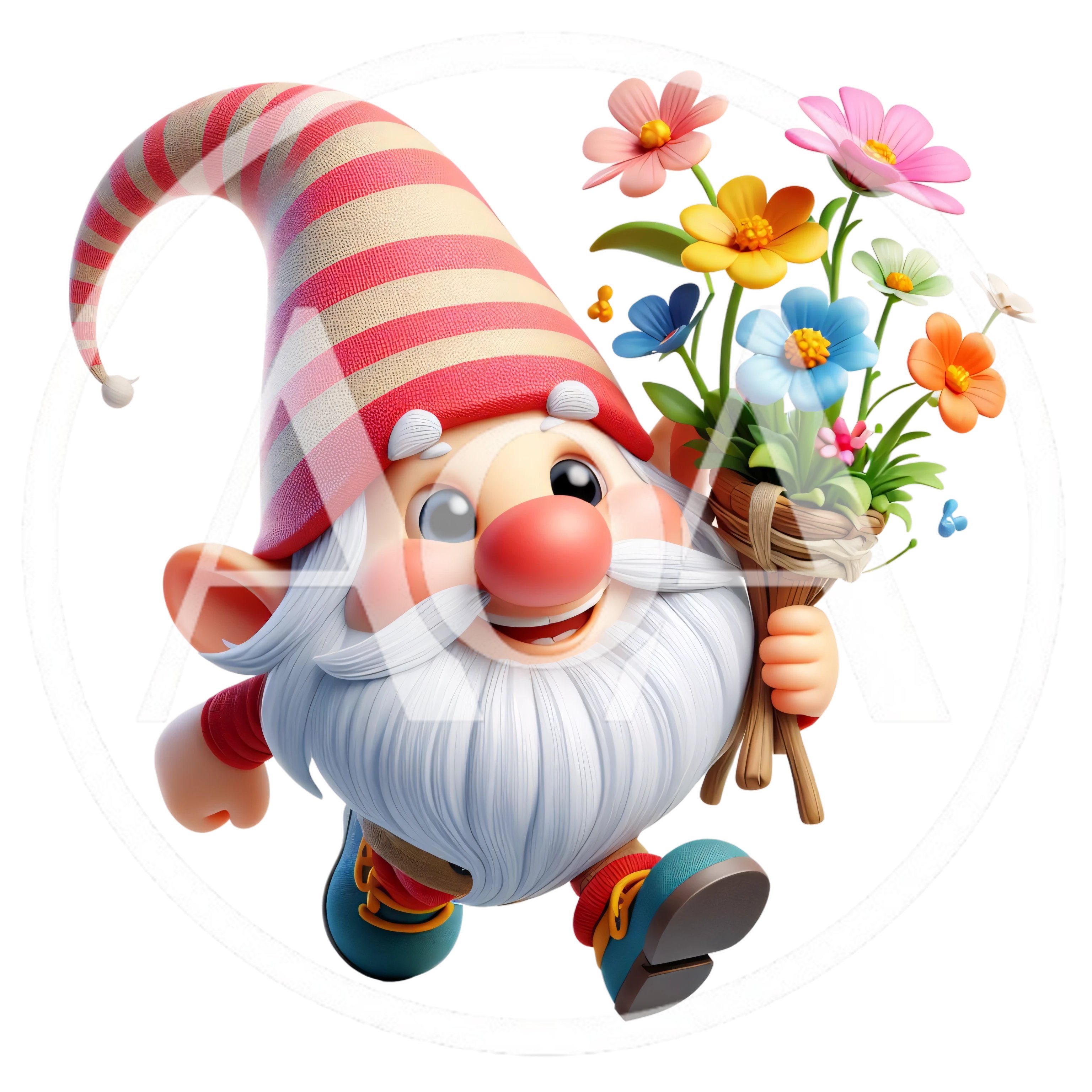 Cute Cartoon Gnome Carrying A Bouquet Of Colorful Flowers