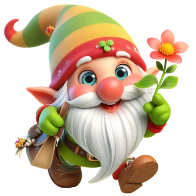 Cute 3D Cartoon Gnome Holding A Flower