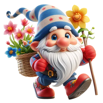 Cute Garden Gnome Carrying A Basket Of Spring Flowers