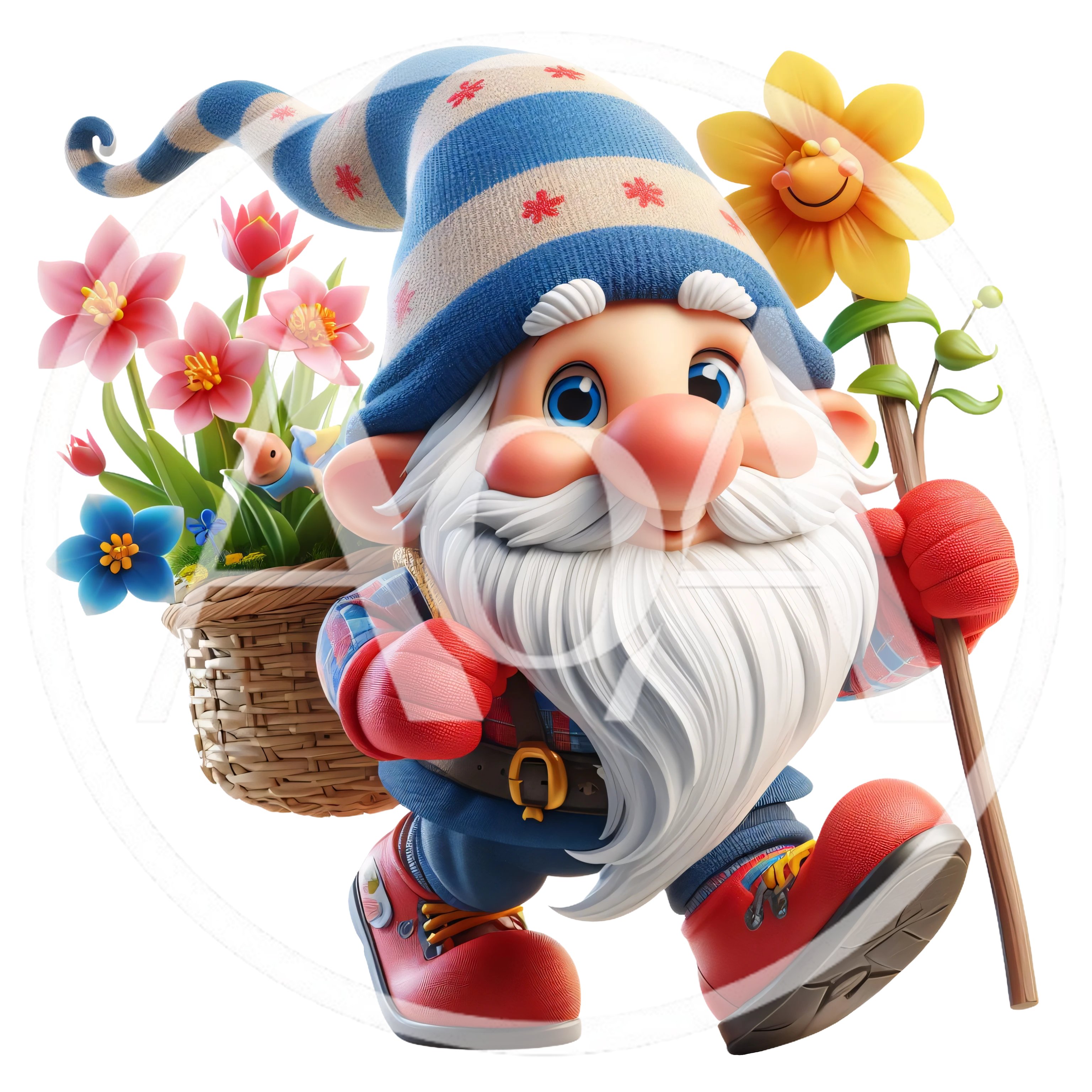 Cute Garden Gnome Carrying A Basket Of Spring Flowers