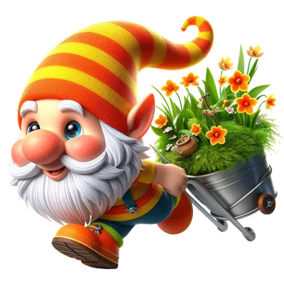 Cute Garden Gnome Pulling A Flower Filled Wheelbarrow