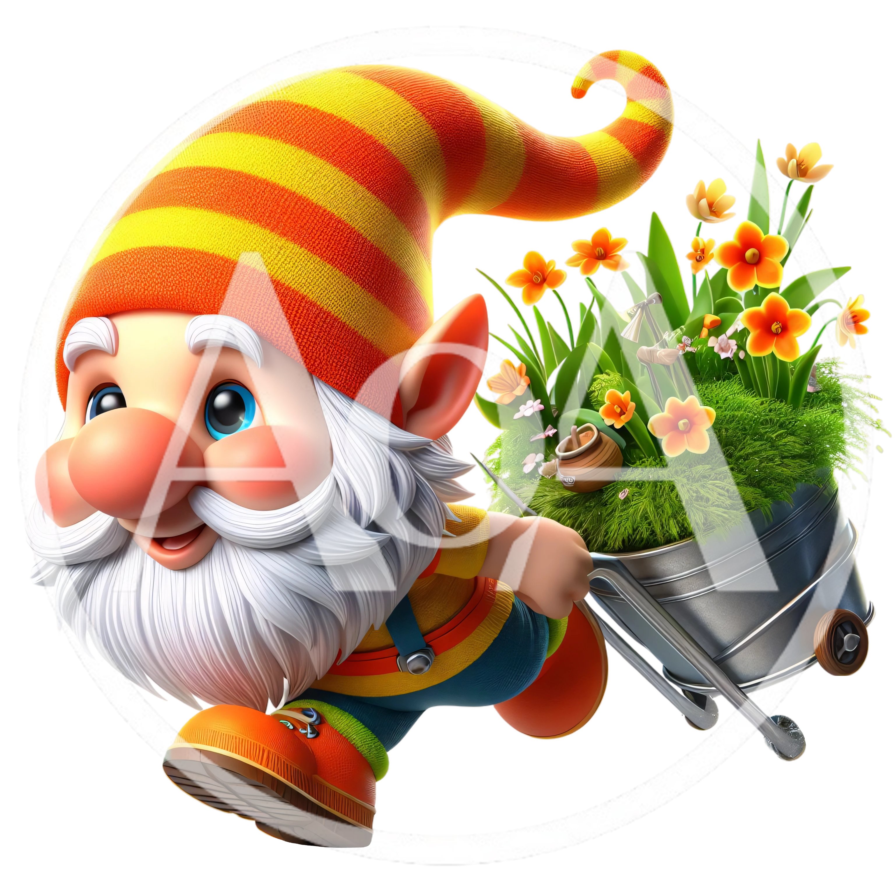 Cute Garden Gnome Pulling A Flower Filled Wheelbarrow