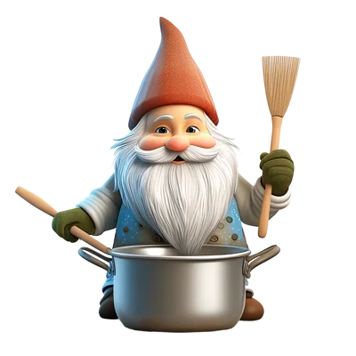 Cute Cartoon Gnome Cooking With A Large Metal Pot
