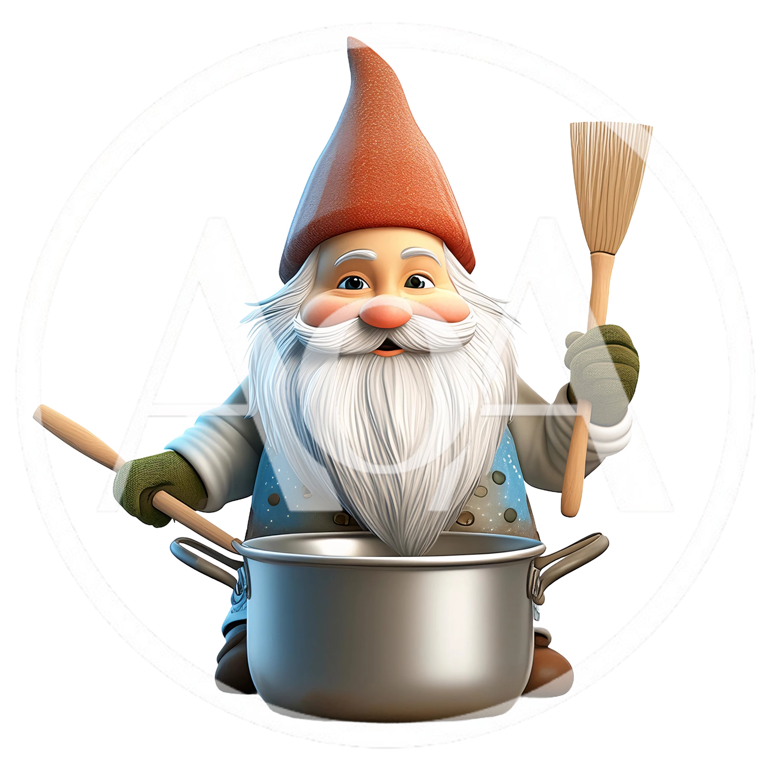 Cute Cartoon Gnome Cooking With A Large Metal Pot