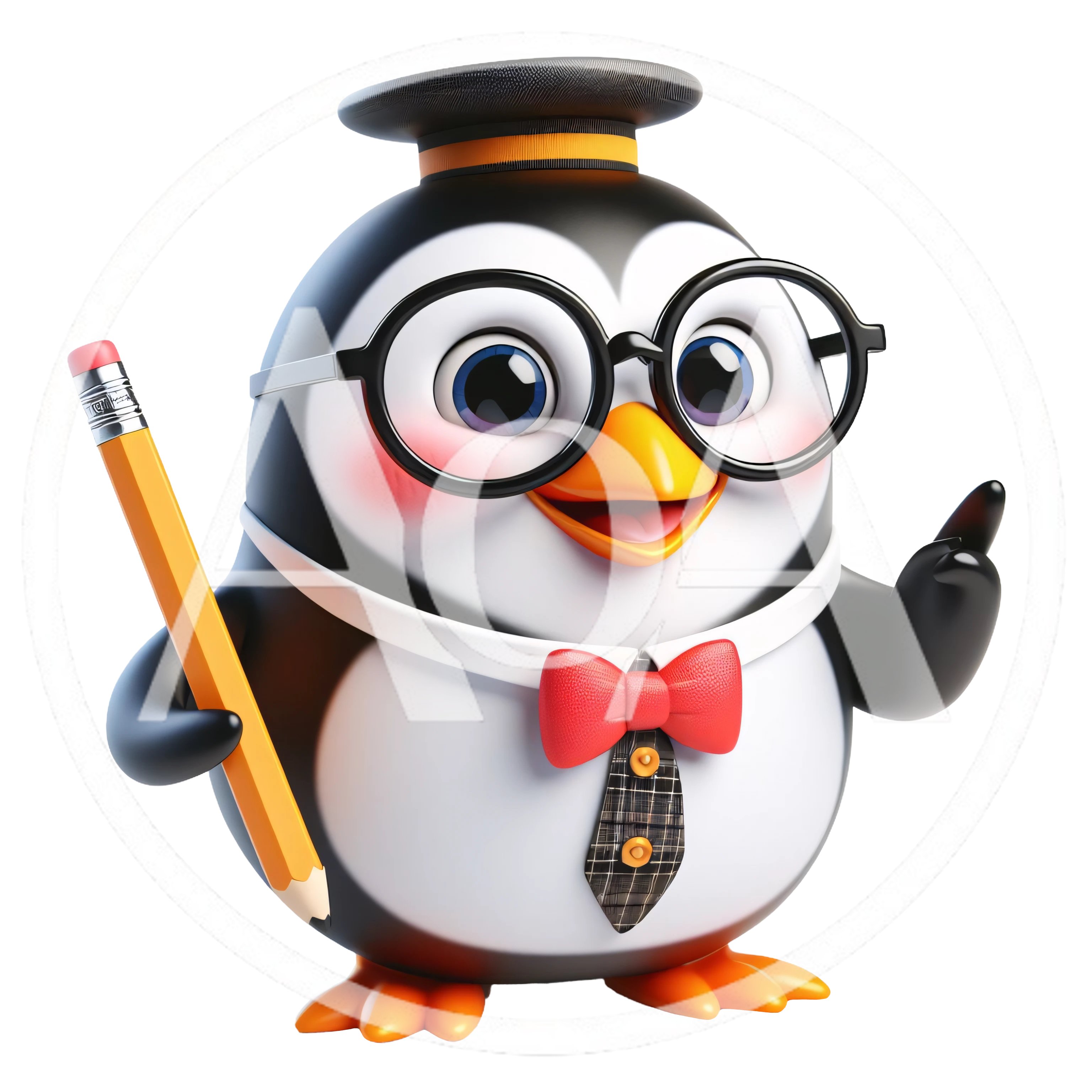 Cute Penguin Student Character With Pencil And Glasses