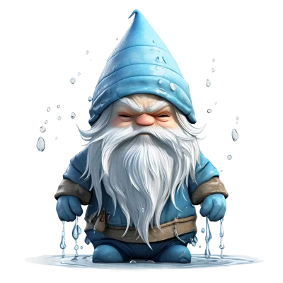 Grumpy Blue Garden Gnome Standing In Water