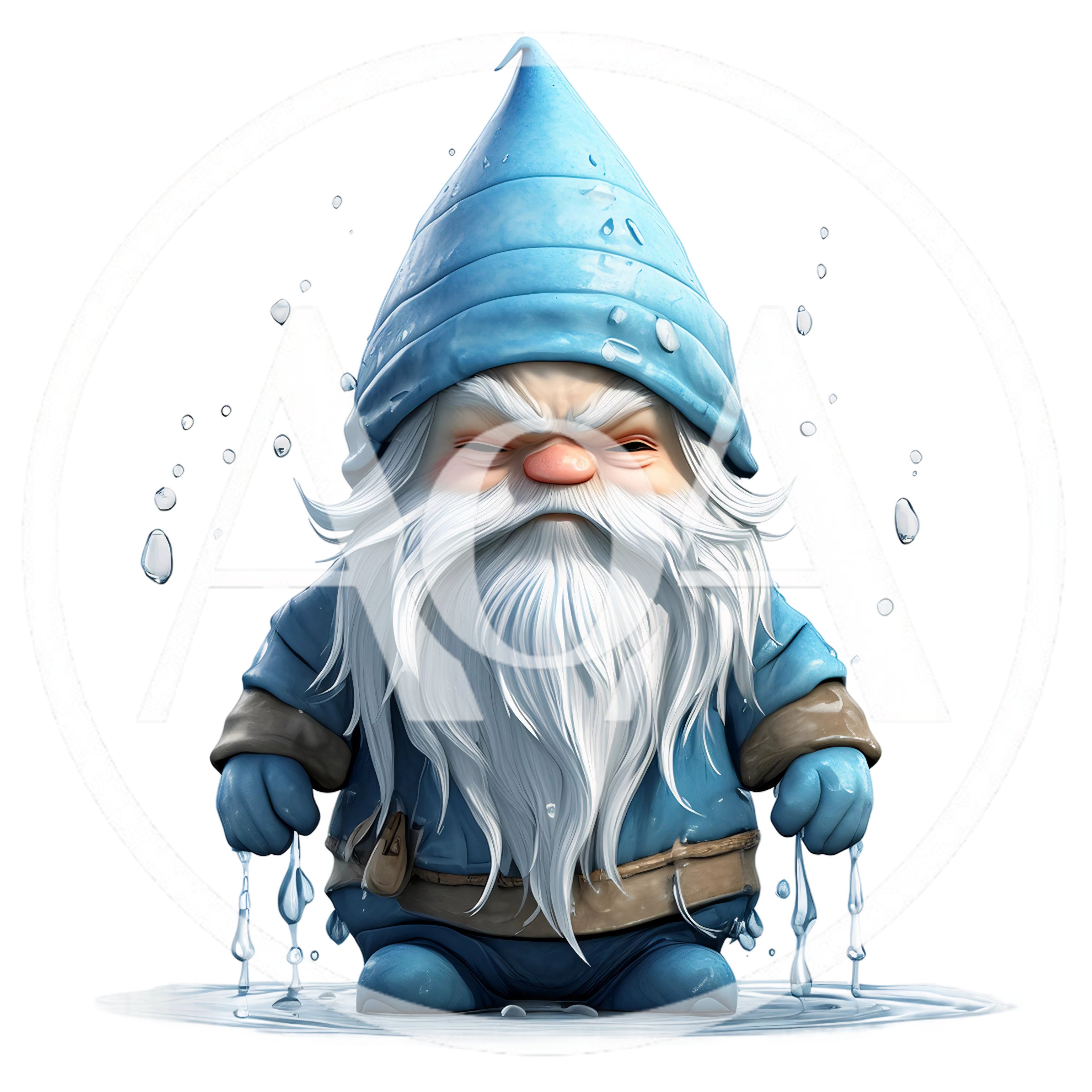 Grumpy Blue Garden Gnome Standing In Water