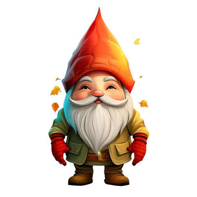 Cute Garden Gnome With Red Hat And Autumn Leaves