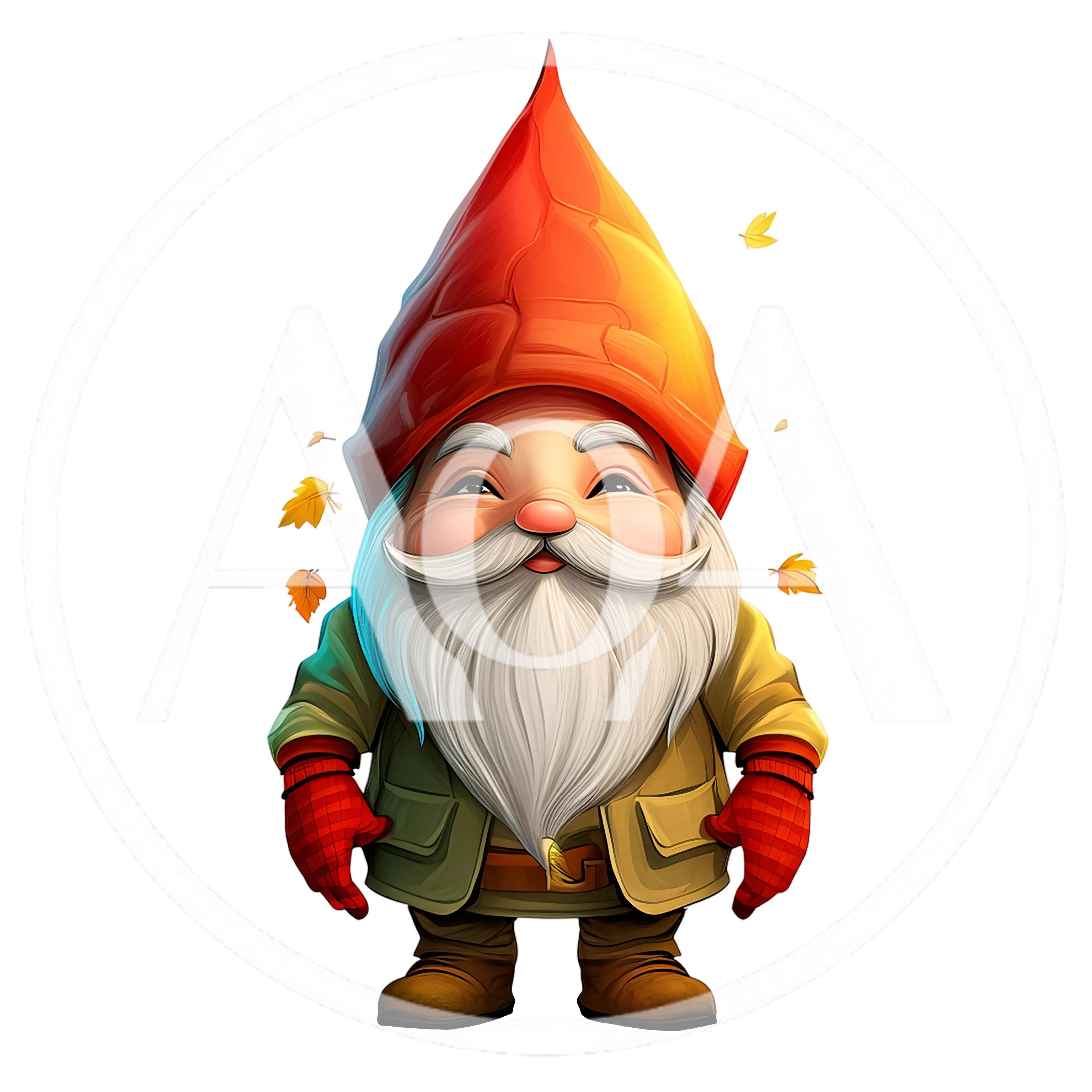 Cute Garden Gnome With Red Hat And Autumn Leaves