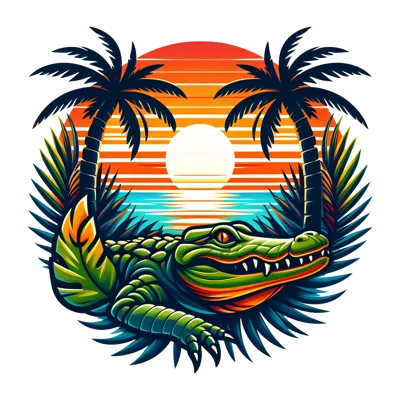 Stylized Alligator Illustration With Tropical Sunset Background