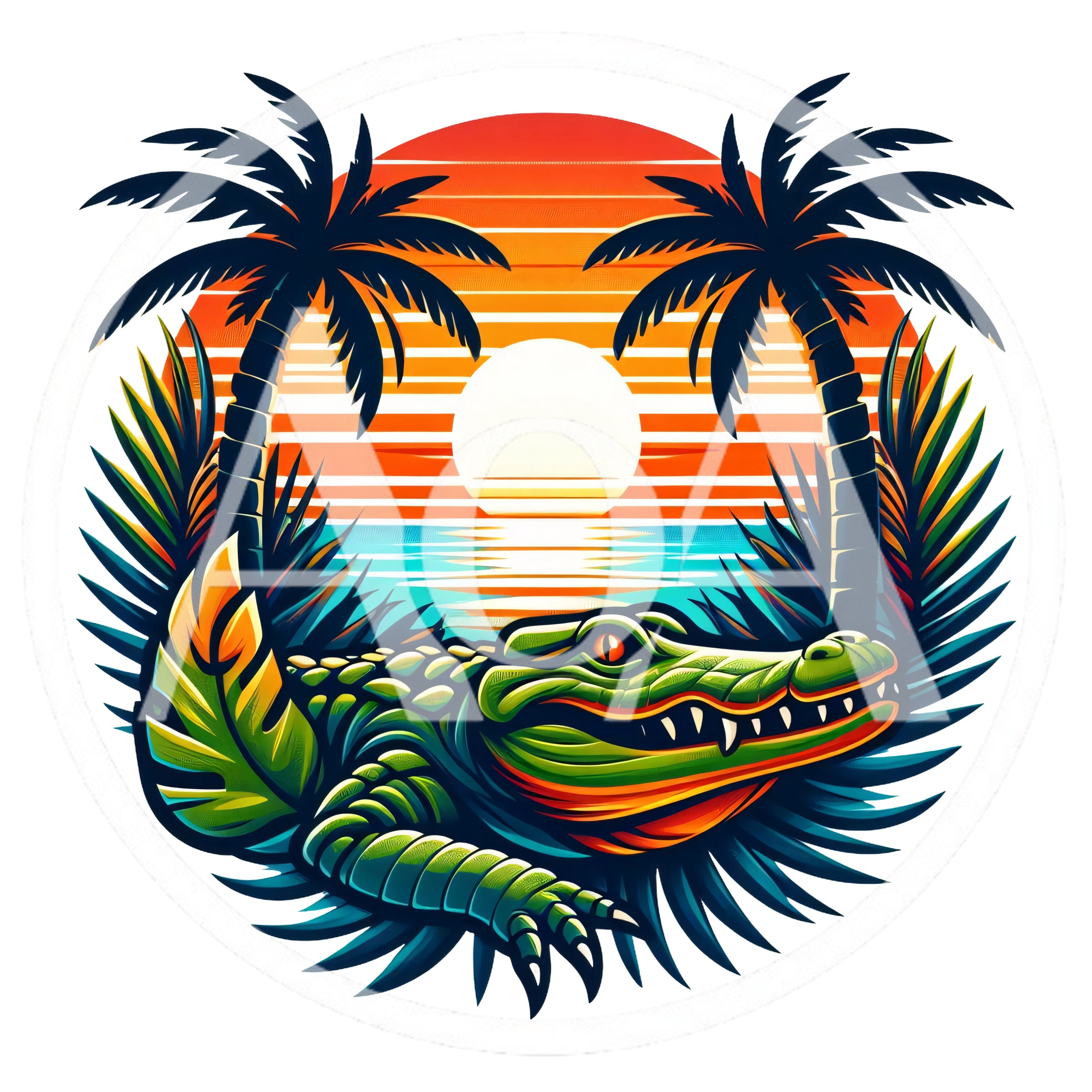 Stylized Alligator Illustration With Tropical Sunset Background