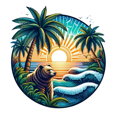 Bear Standing On Tropical Beach At Sunset