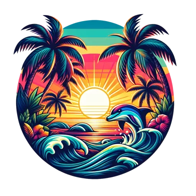 Vibrant Tropical Sunset Illustration With Jumping Dolphin