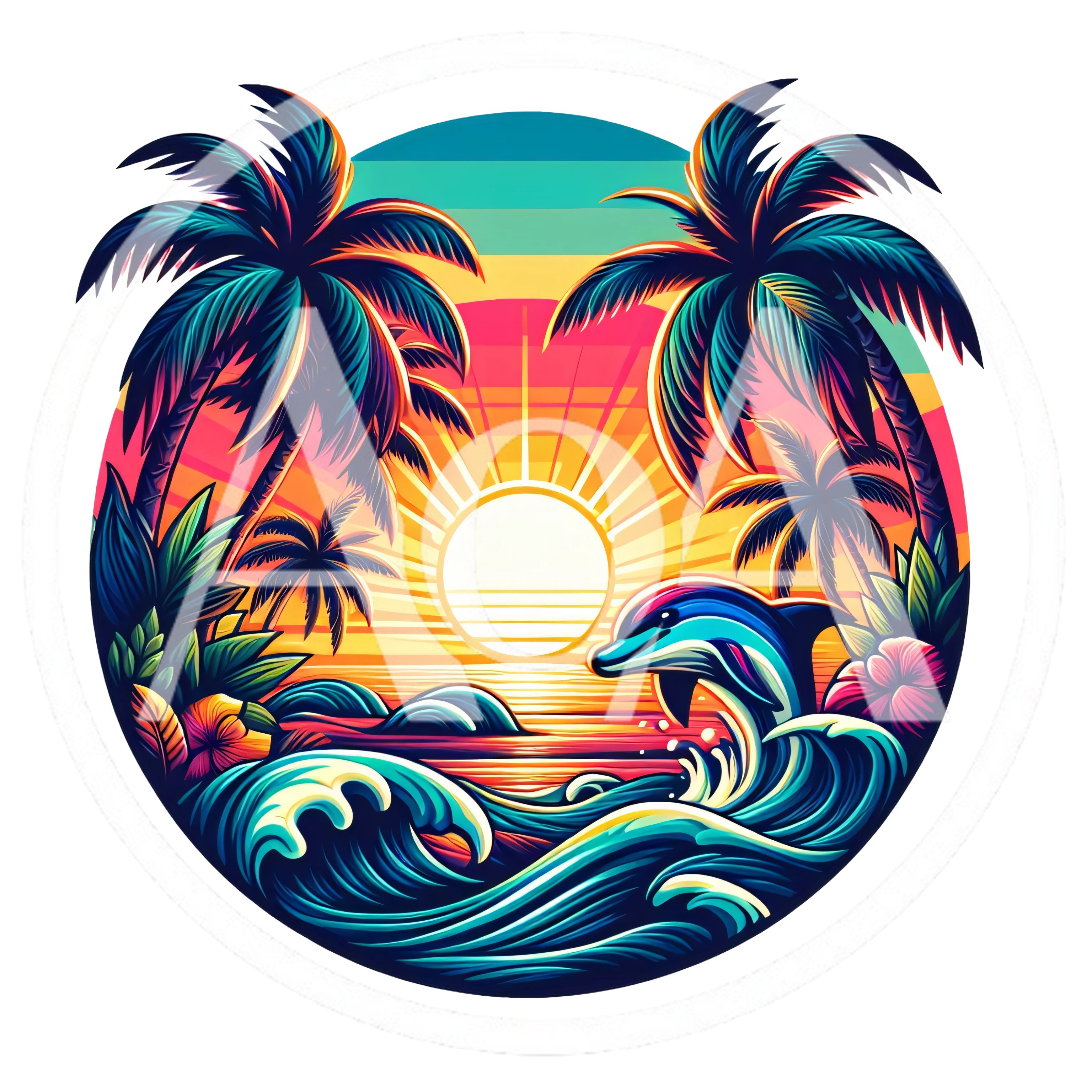 Vibrant Tropical Sunset Illustration With Jumping Dolphin