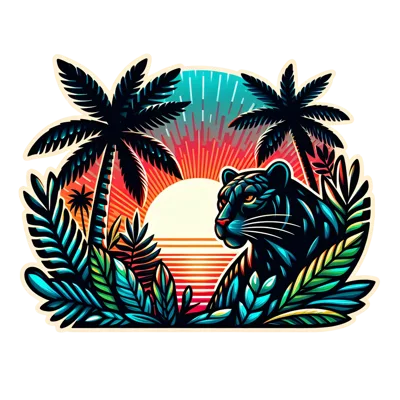 Black Panther In Tropical Sunset Jungle Illustration