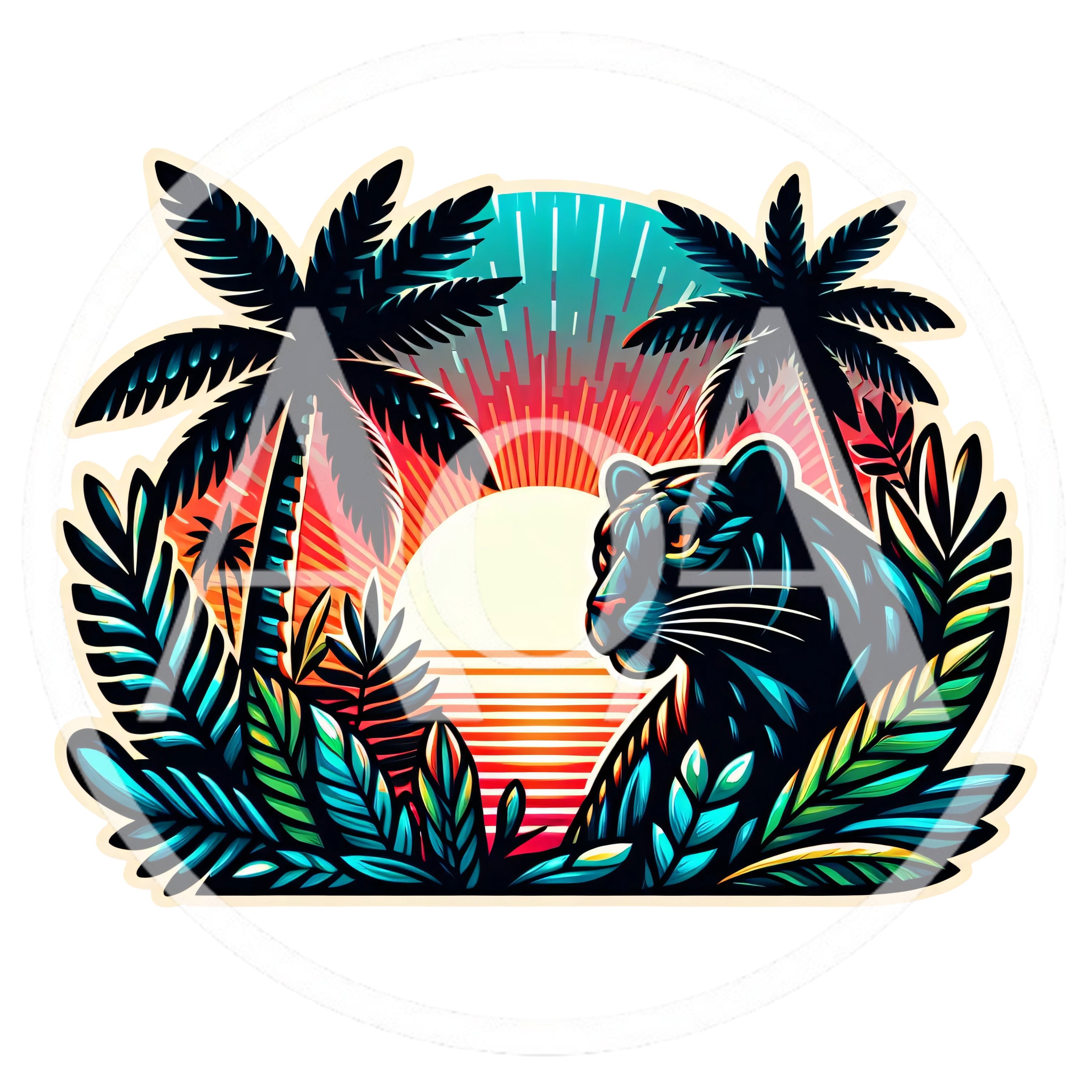 Black Panther In Tropical Sunset Jungle Illustration