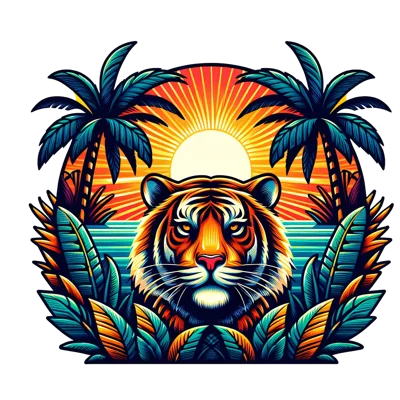 Tiger Portrait With Tropical Sunset And Palm Trees