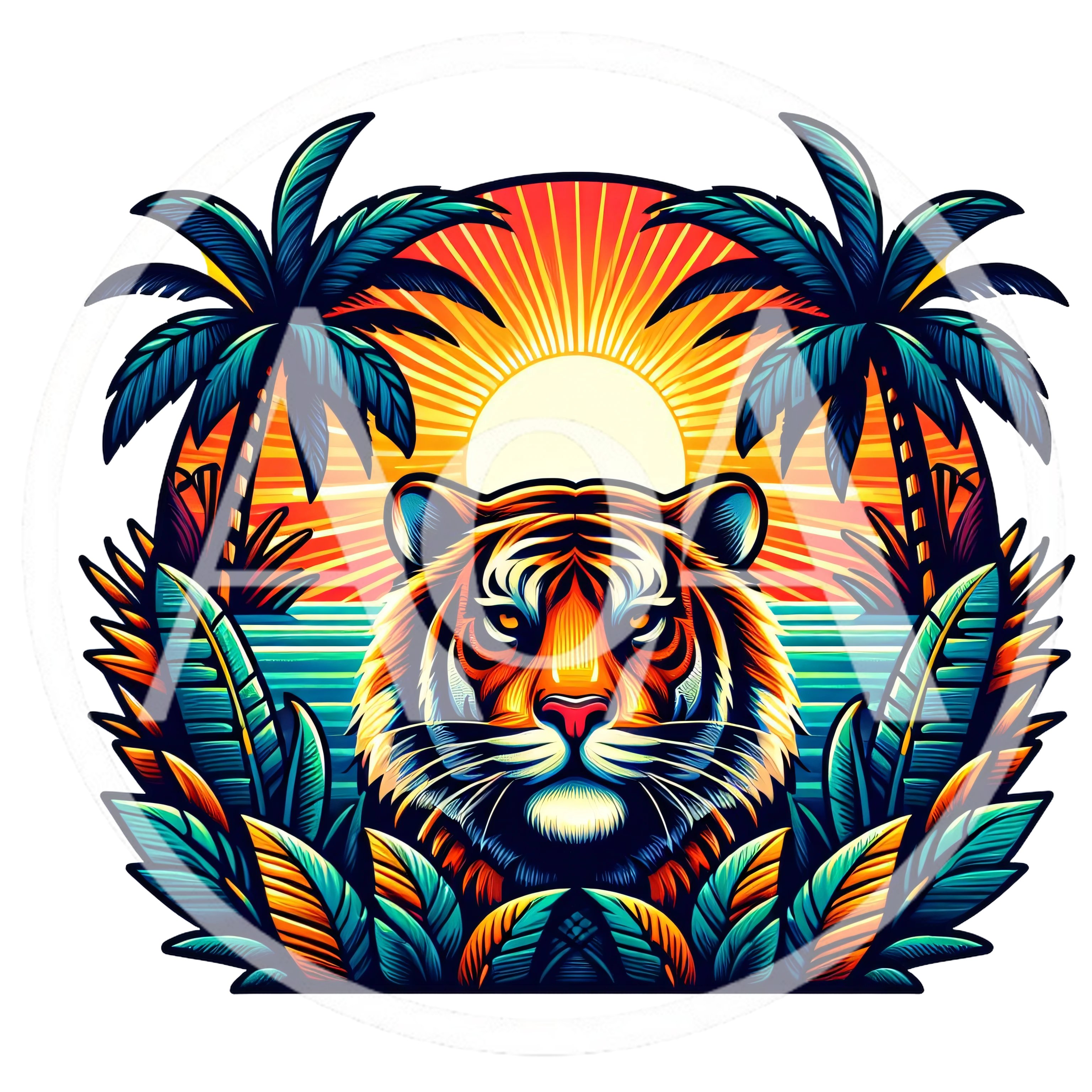 Tiger Portrait With Tropical Sunset And Palm Trees
