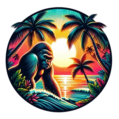 Gorilla Standing In Tropical Ocean At Sunset