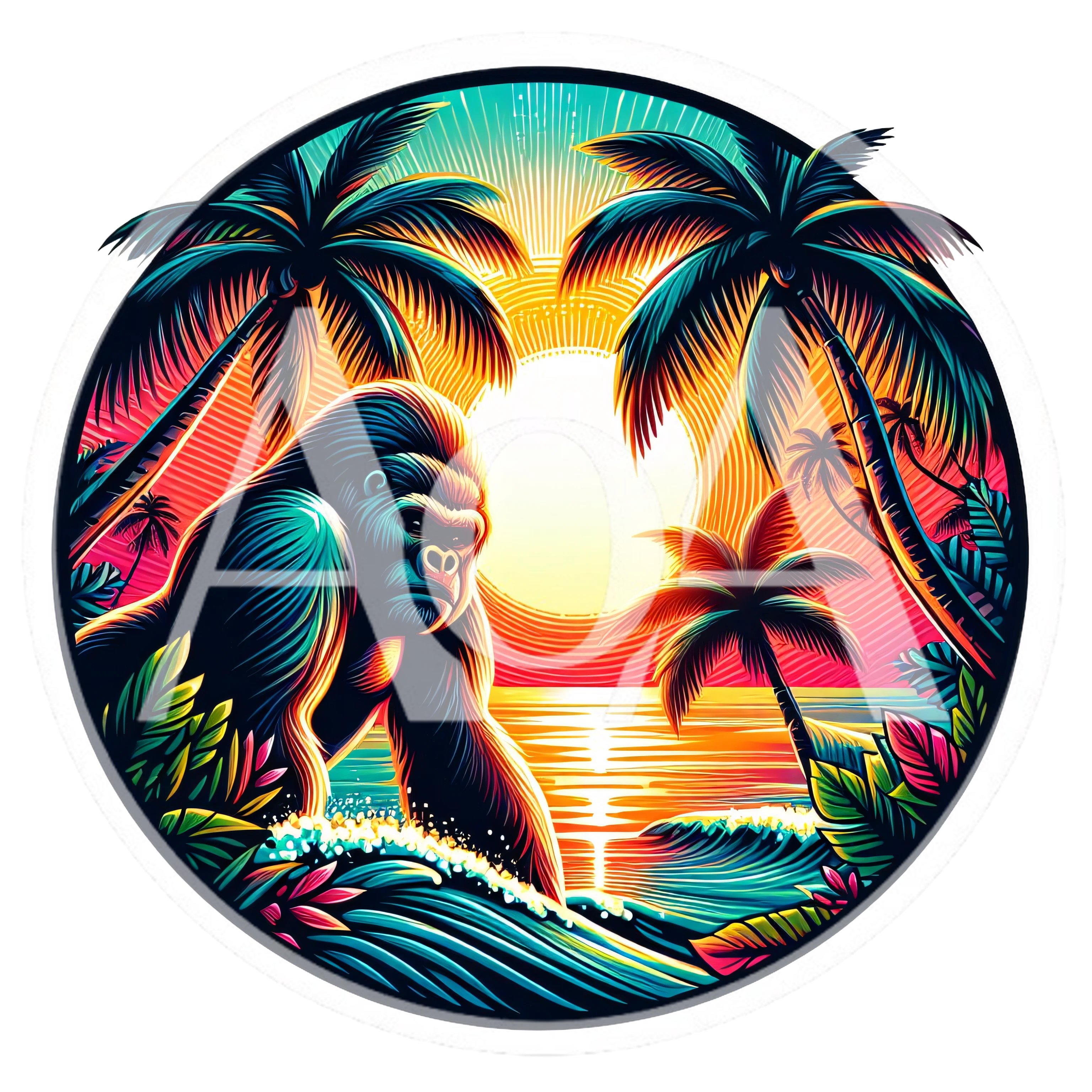 Gorilla Standing In Tropical Ocean At Sunset