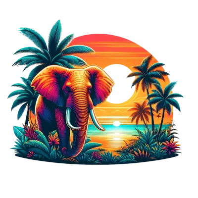 Vibrant Tropical Elephant Illustration At Sunset