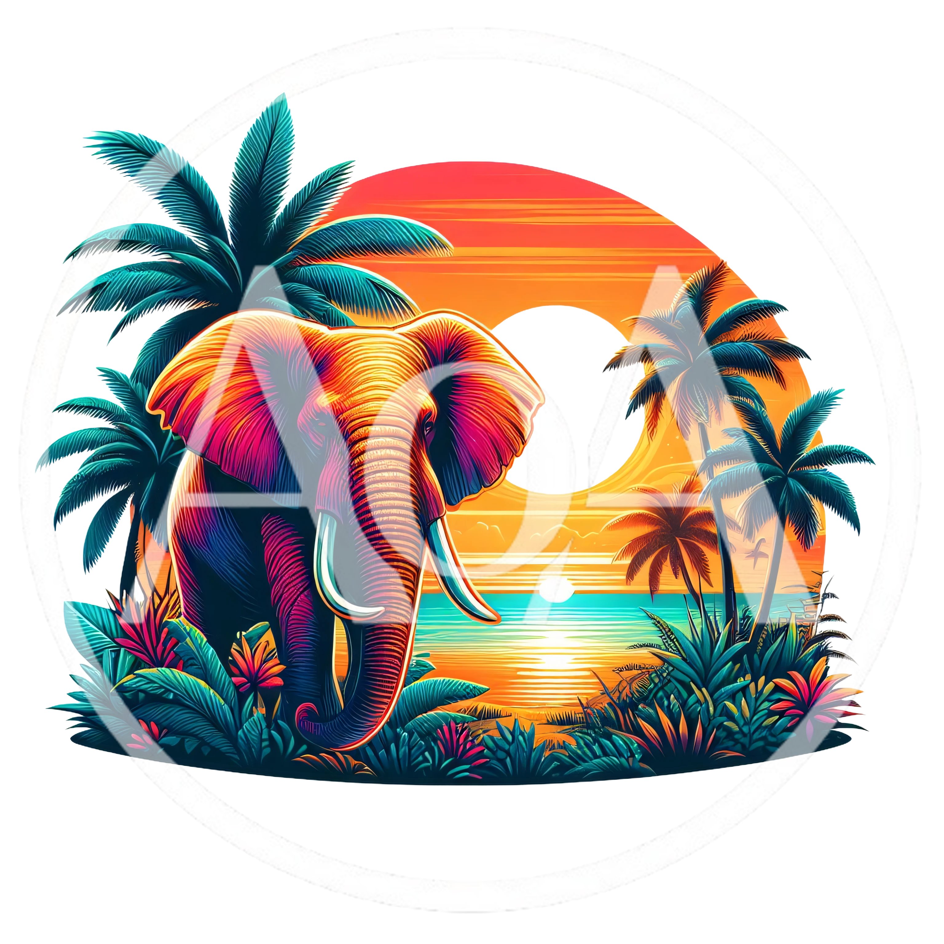 Vibrant Tropical Elephant Illustration At Sunset