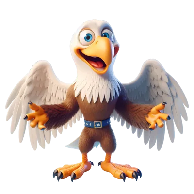 3D Cartoon Bald Eagle Character Standing With Open Wings
