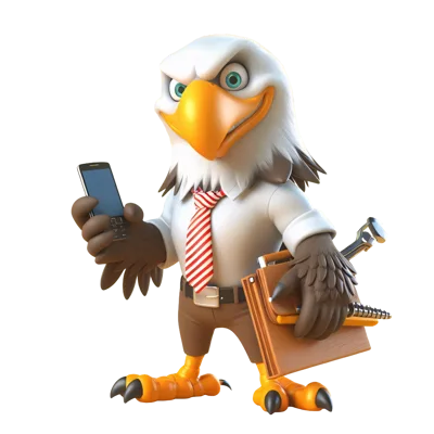 Cartoon Eagle Businessman Holding Smartphone and Briefcase