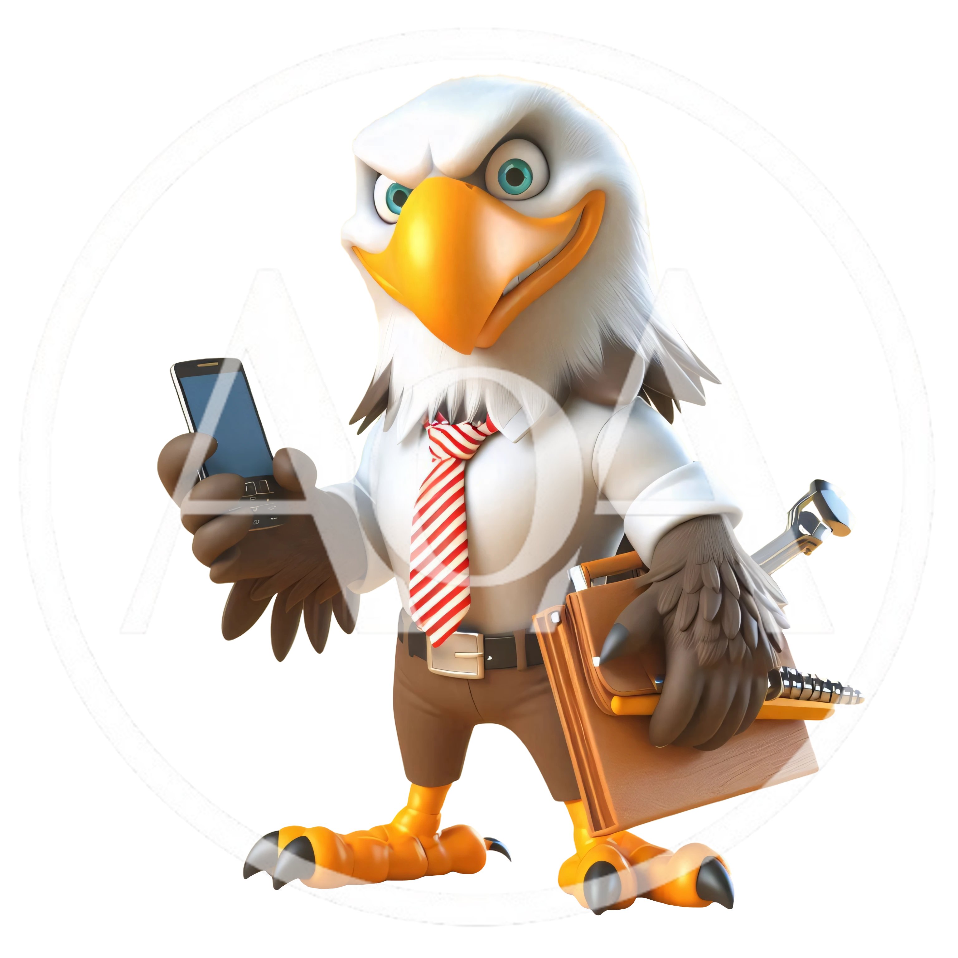 Cartoon Eagle Businessman Holding Smartphone and Briefcase