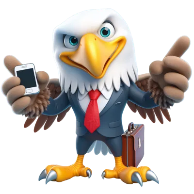 Cartoon Bald Eagle Businessman Holding Smartphone