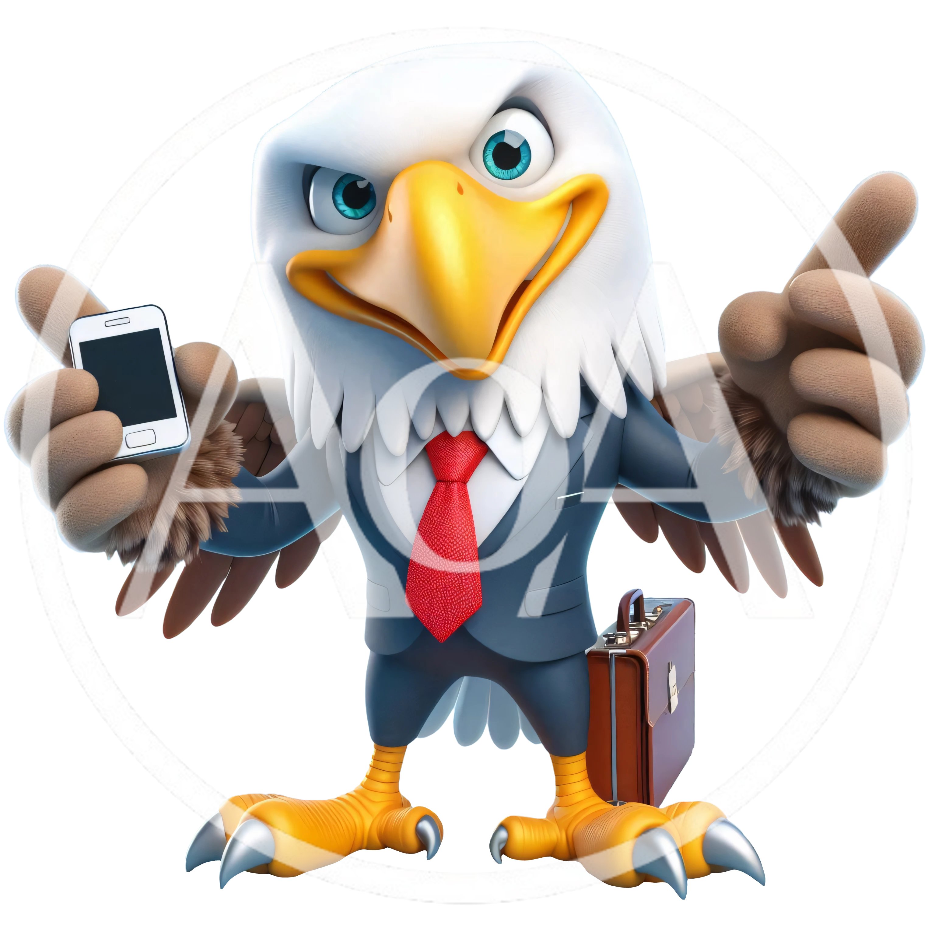 Cartoon Bald Eagle Businessman Holding Smartphone
