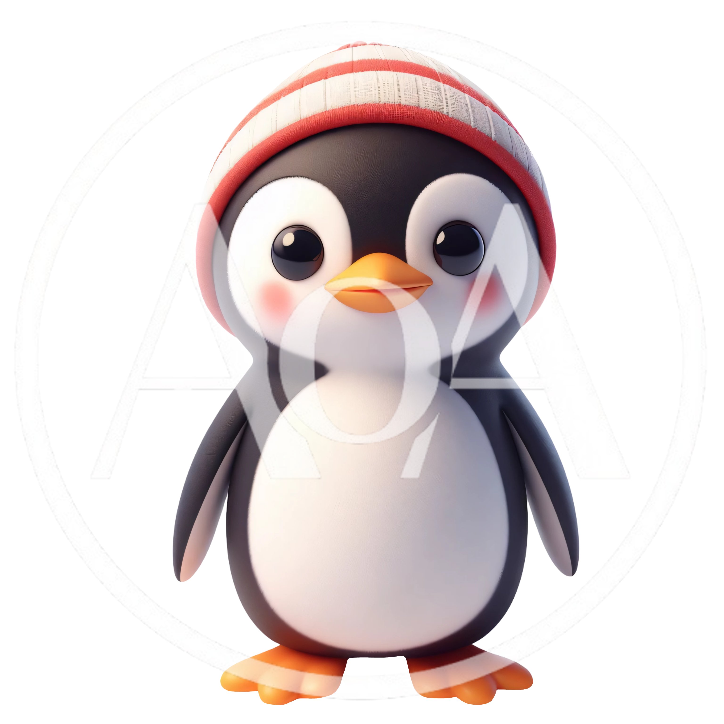 Cute Cartoon Penguin Wearing A Striped Winter Hat