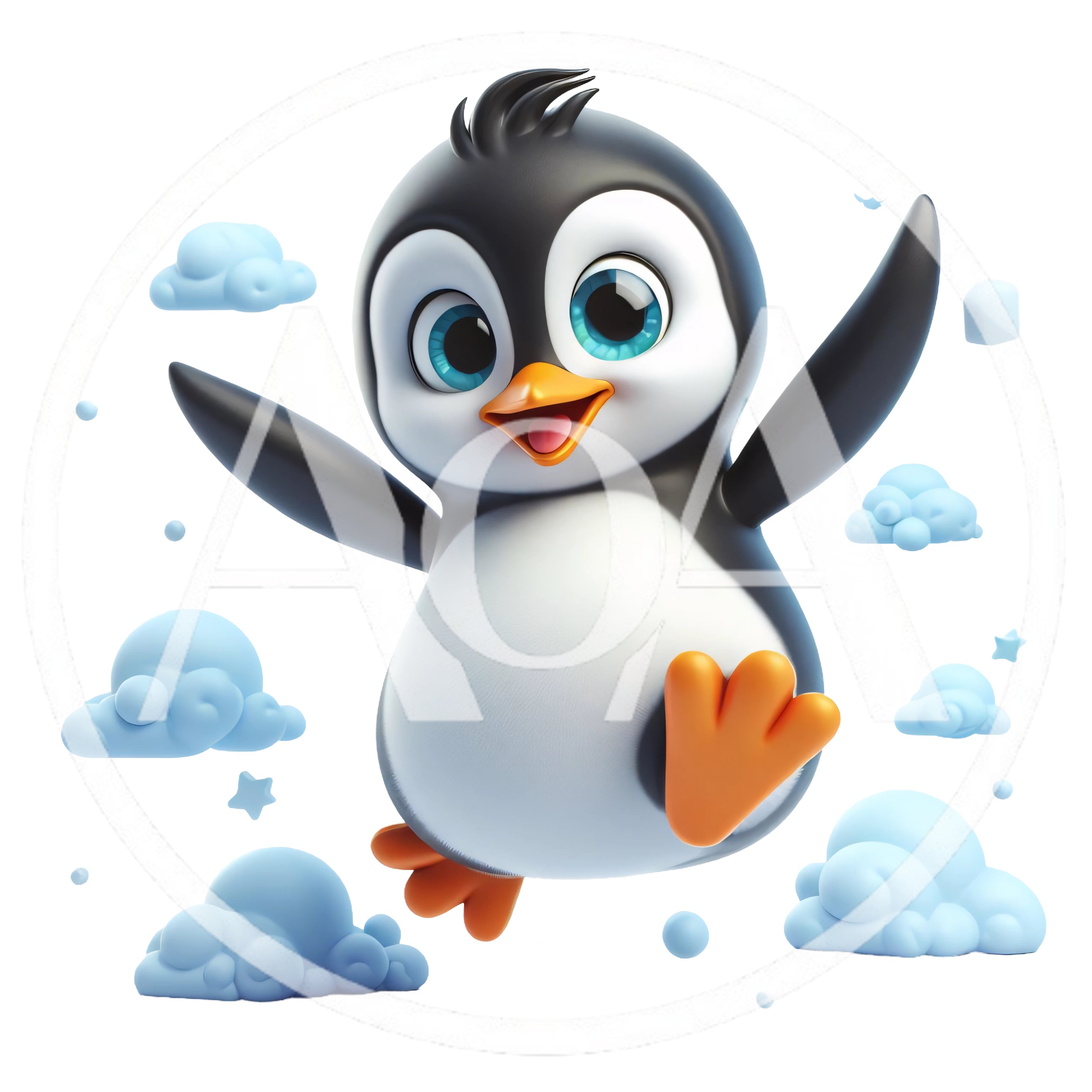 Cute Cartoon Penguin Jumping In The Sky