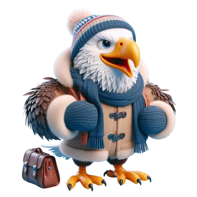 Cartoon Bald Eagle Dressed for Winter with Backpack
