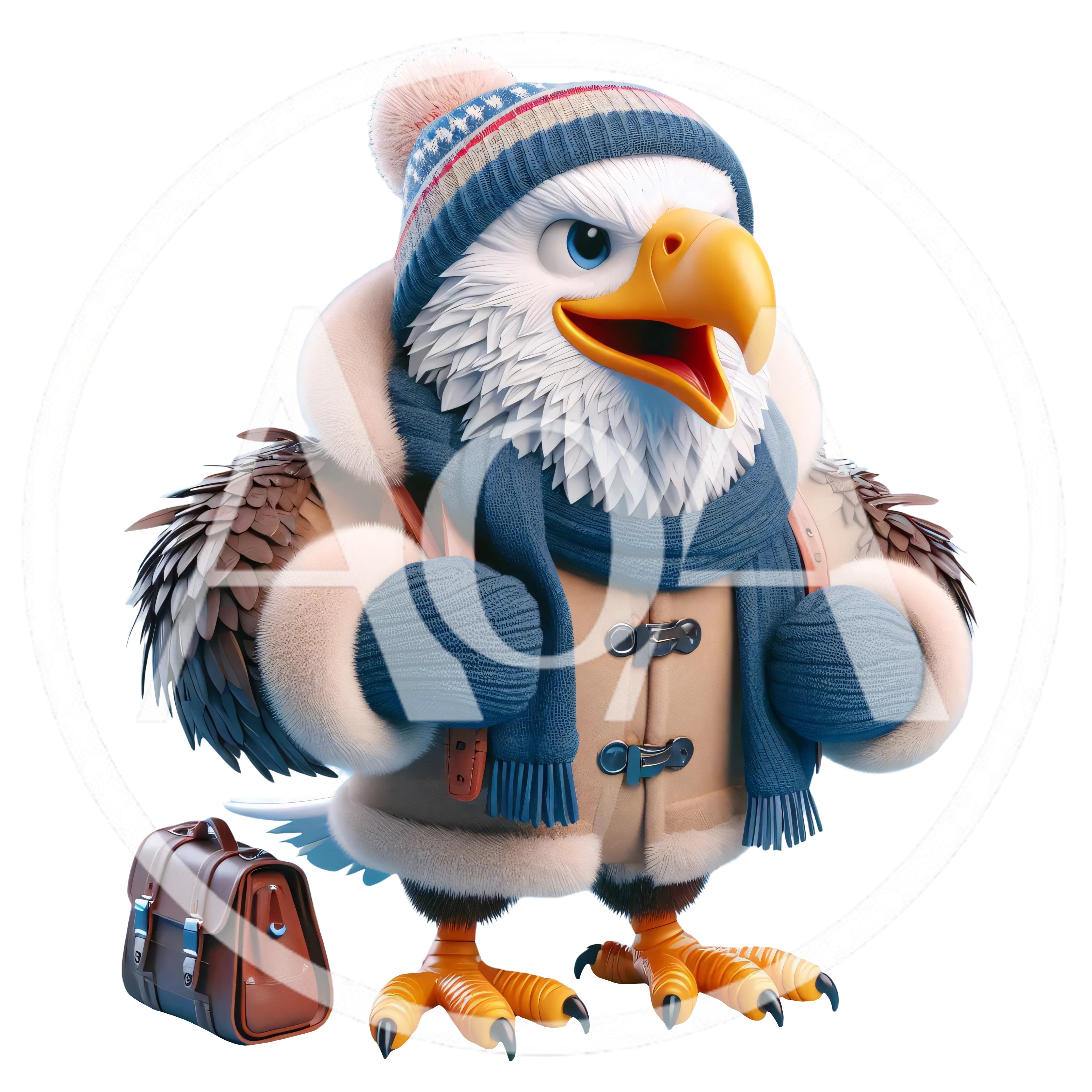 Cartoon Bald Eagle Dressed for Winter with Backpack