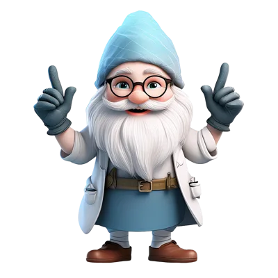 3D Cartoon Gnome Scientist Pointing Upwards