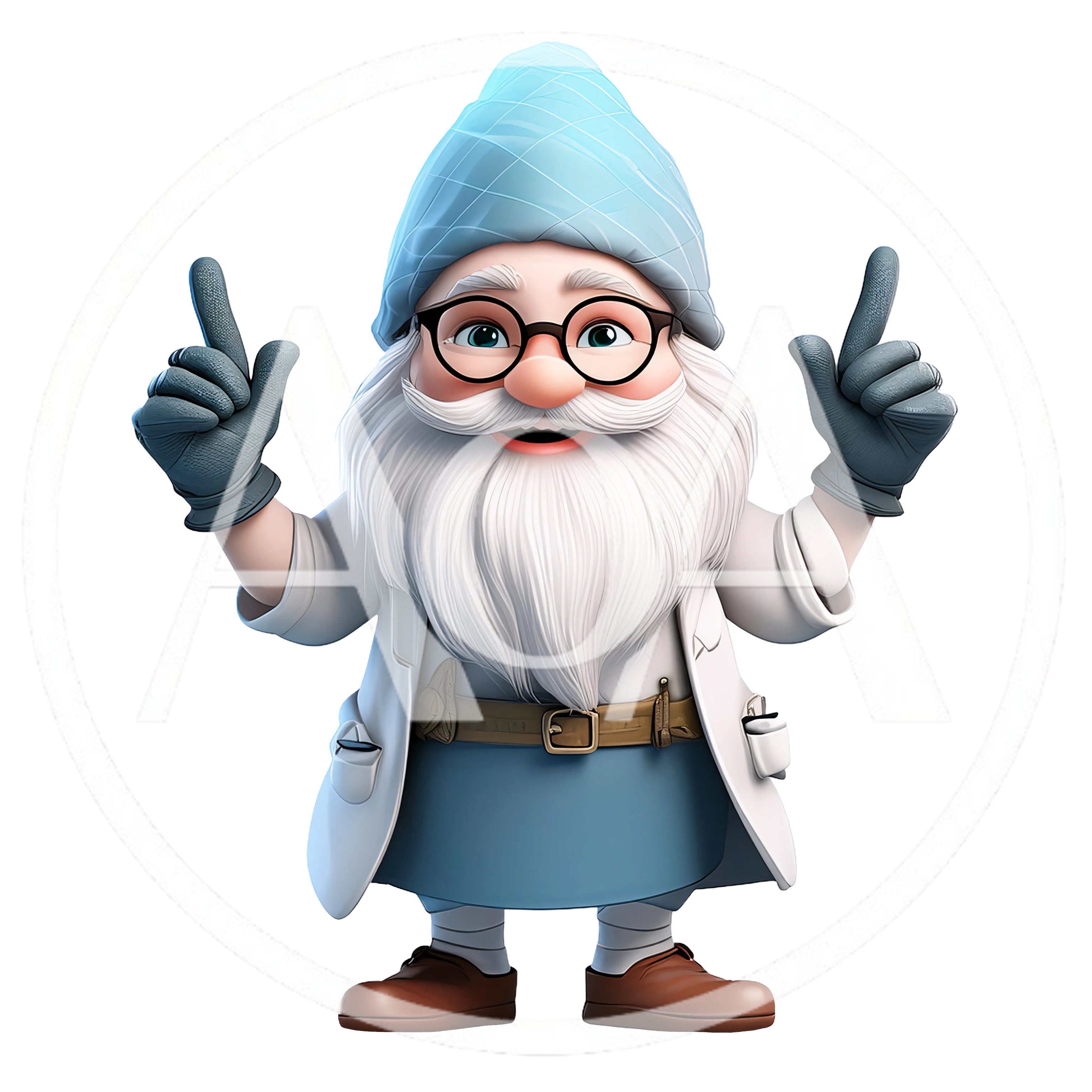 3D Cartoon Gnome Scientist Pointing Upwards