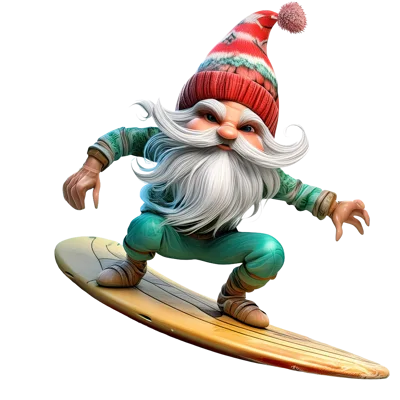 Cartoon Gnome Surfing on a Wooden Surfboard