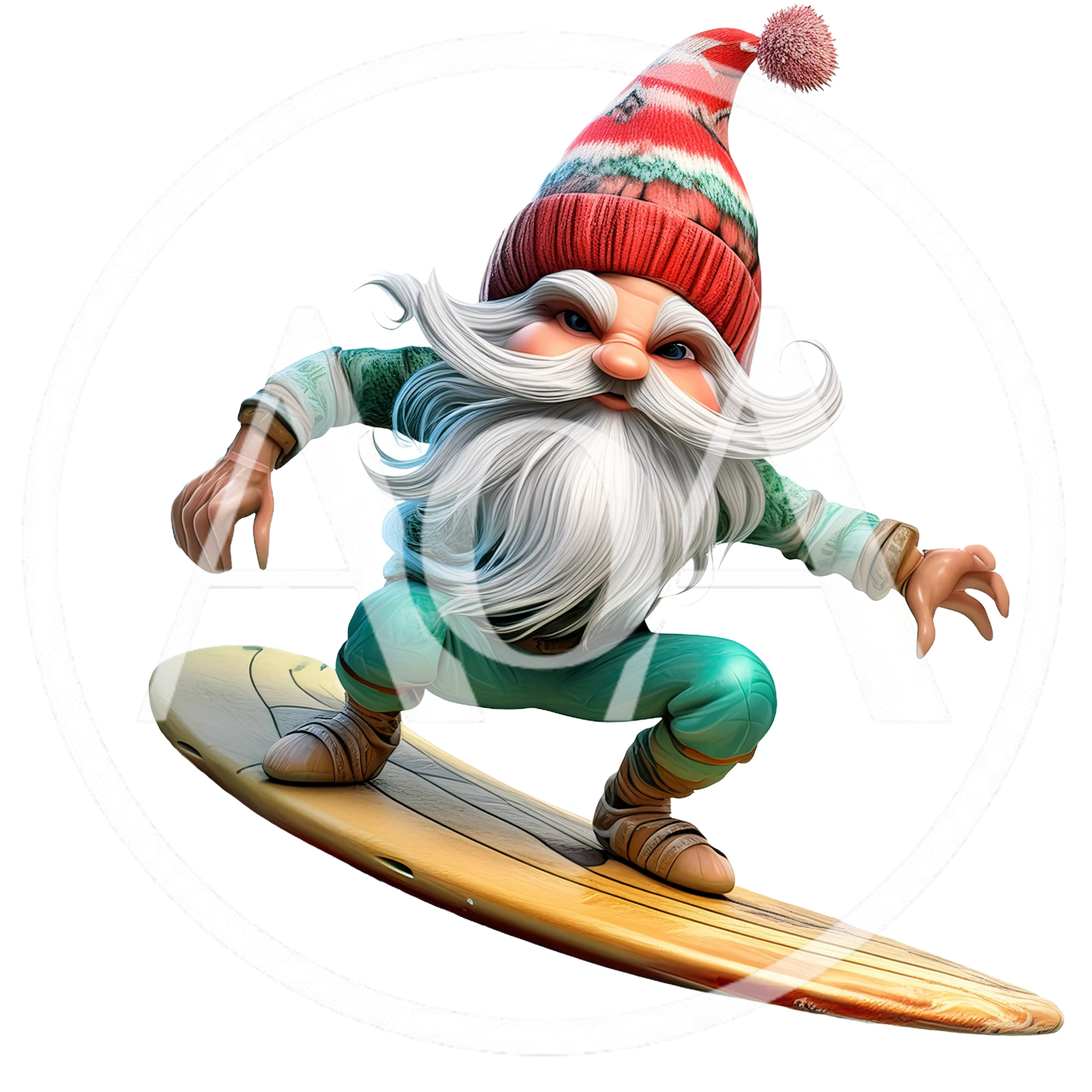 Cartoon Gnome Surfing on a Wooden Surfboard