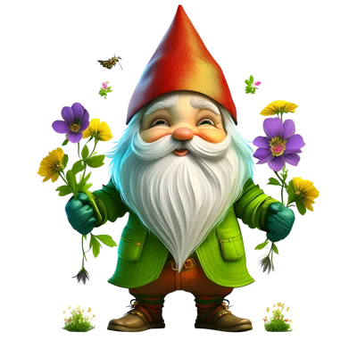 Cheerful Garden Gnome Holding Colorful Spring Flowers