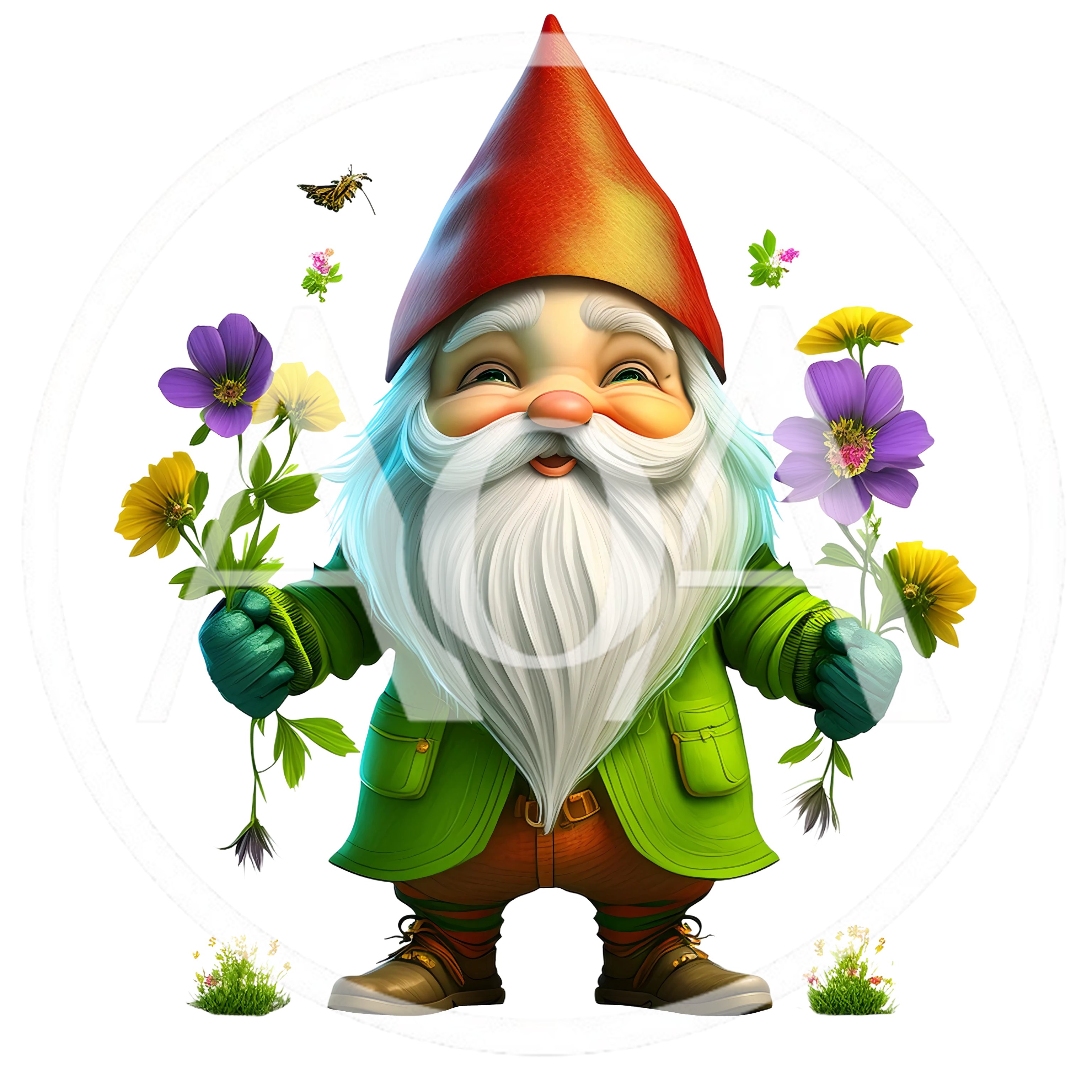 Cheerful Garden Gnome Holding Colorful Spring Flowers