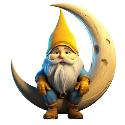 Cute Garden Gnome Sitting On A Crescent Moon